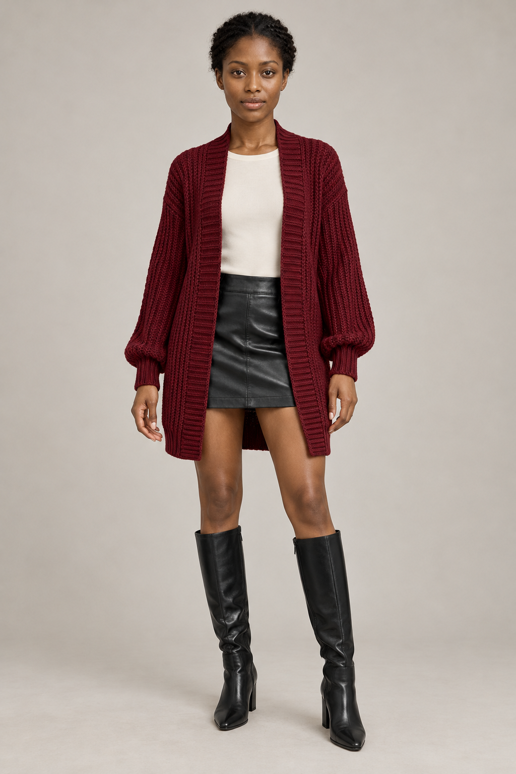 Manteau long en maille pour femme – Bordeaux