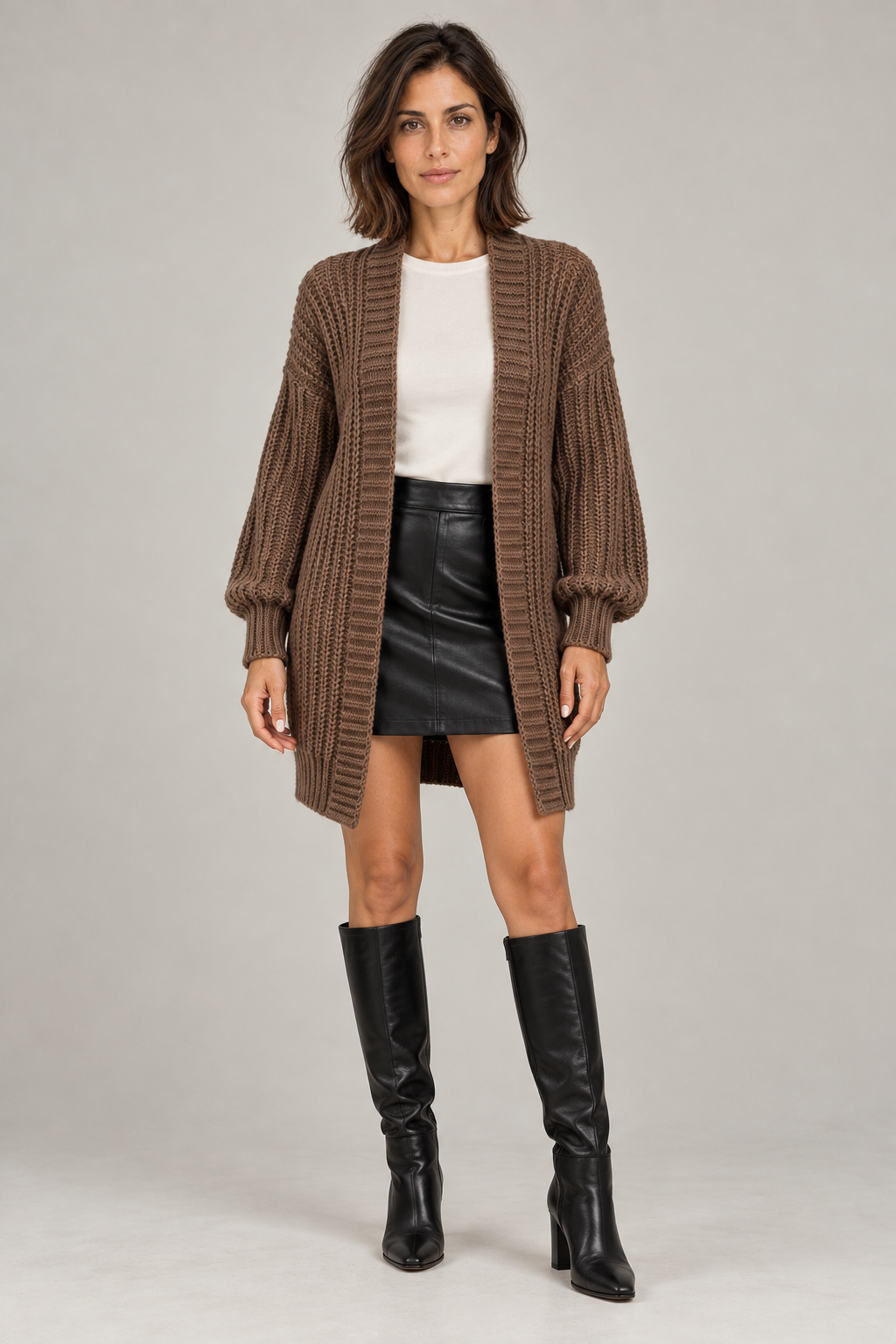 Manteau long en maille pour femme – Marron